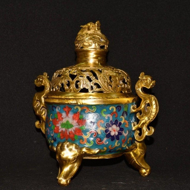 Vintage Cloisonne Enamel Incense Burner – 9.8" Gilt Dragon Censer With Pierced Lid For Sale - Image 4 of 9