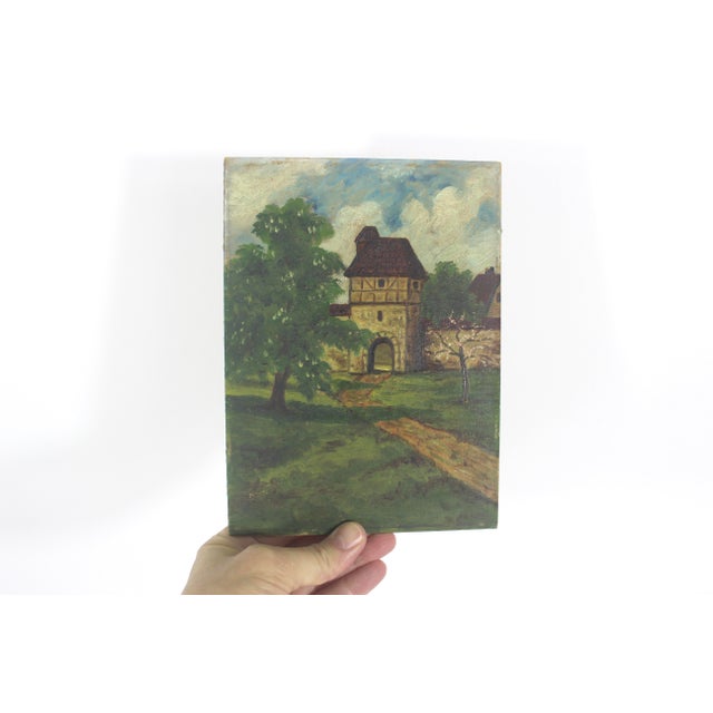Vintage Oil Painting of a Landscape With Castle Gate Unframed Small Europe For Sale - Image 4 of 8