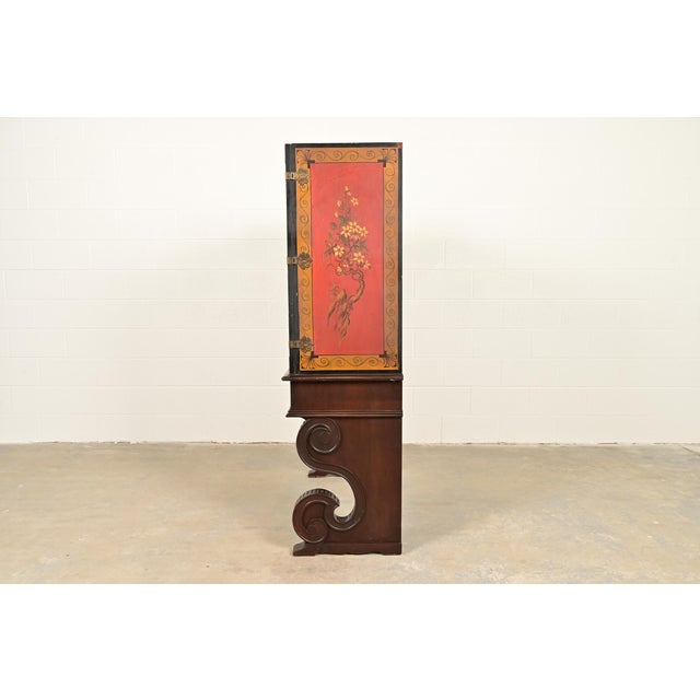 Hollywood Regency Chinoiserie Red Lacquered Hand Painted Bookcase or Bar Cabinet, Circa 1920s For Sale - Image 14 of 17