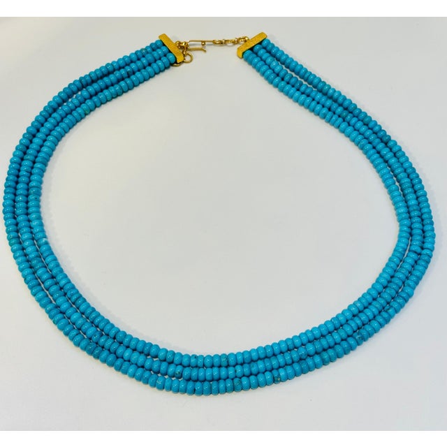 Metal 345 Carat Natural Sleeping Beauty Turquoise Necklace, Four Strand 14 Karat Gold For Sale - Image 7 of 8