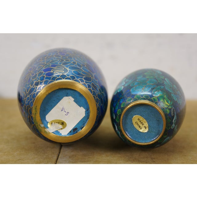 3 Chinese Brass Cloisonne Blue Enameled Floral Bud Vases & Ashtray For Sale - Image 9 of 14