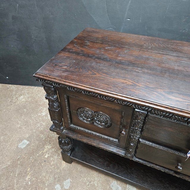 Wood Late 19th Century English Oak Carved Sideboard With Bulbous Legs on Potboard Base For Sale - Image 7 of 18