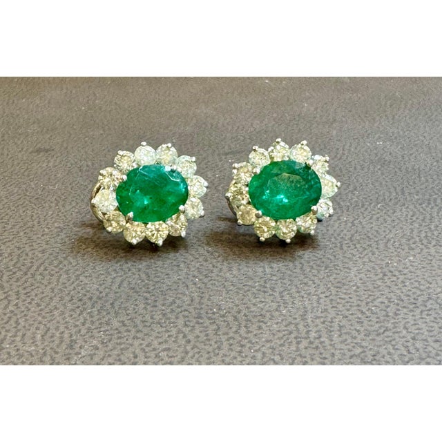 Emerald 6 Ct Oval Shape Emerald & 3 Ct Diamond Post Back Earrings 14 Karat White Gold For Sale - Image 8 of 18