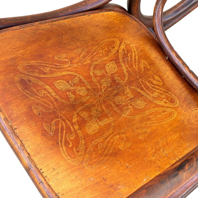 Late Victorian Oak Scrolling Rocking Chair W/ Art Nouveau Branded Seat, Fischel For Sale In Los Angeles - Image 6 of 8