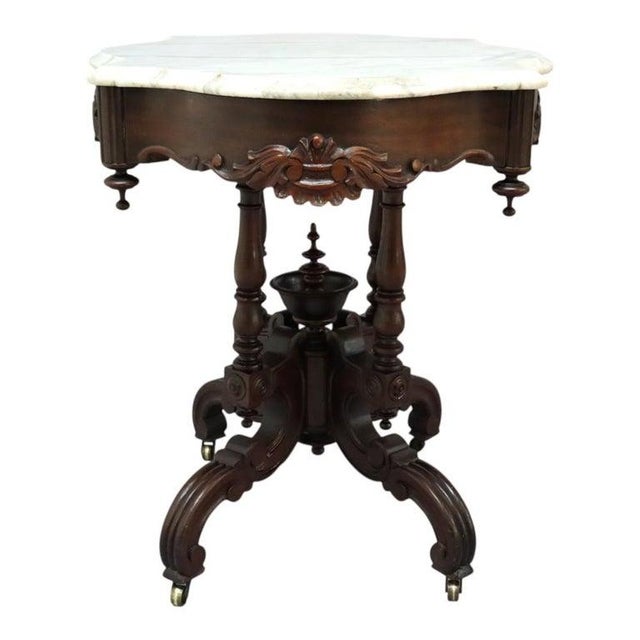 Renaissance Revival Carved Walnut & Marble Turtle Top Table C1890 For Sale - Image 14 of 14