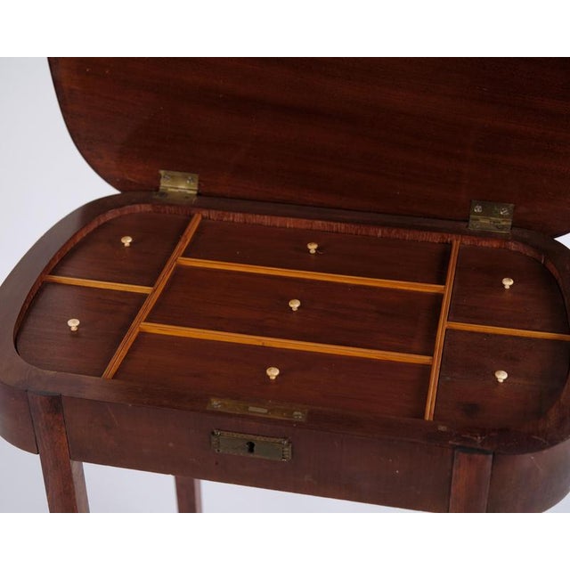 Brown Mahogany Lamp Table or Sewing Table with Brass Lock and Tapered Legs, 1920 For Sale - Image 8 of 15