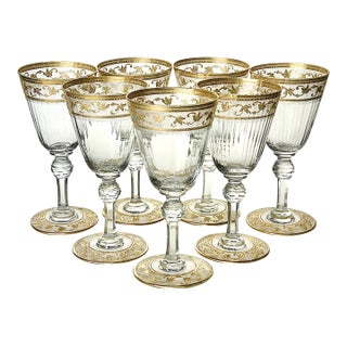 Antique Saint Louis Crystal Gilt Etched Wine Glasses, Set of 7 For Sale