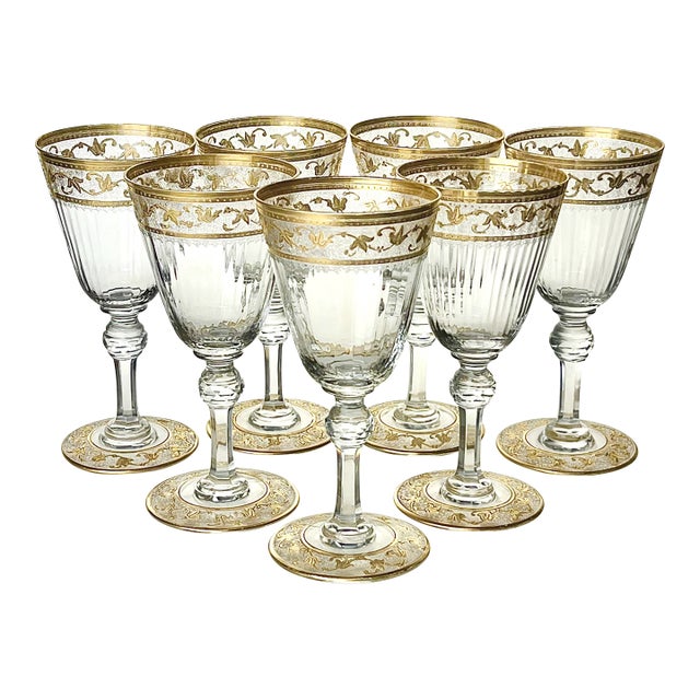 Antique Saint Louis Crystal Gilt Etched Wine Glasses, Set of 7 For Sale