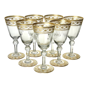Antique Saint Louis Crystal Gilt Etched Wine Glasses, Set of 7