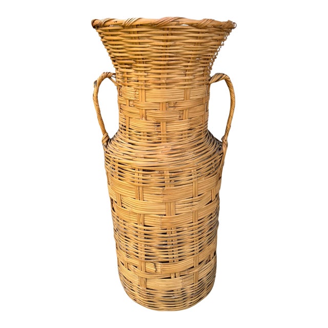 1970s Boho Wicker Floor Vase Basket For Sale