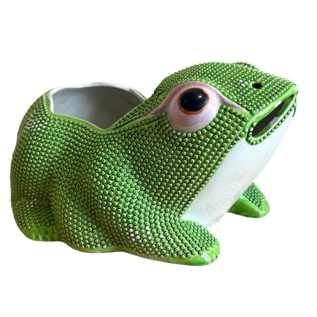 Large antique Chinese frog planter. Bright geeen porcelain with pale pink eyes. Great large size.