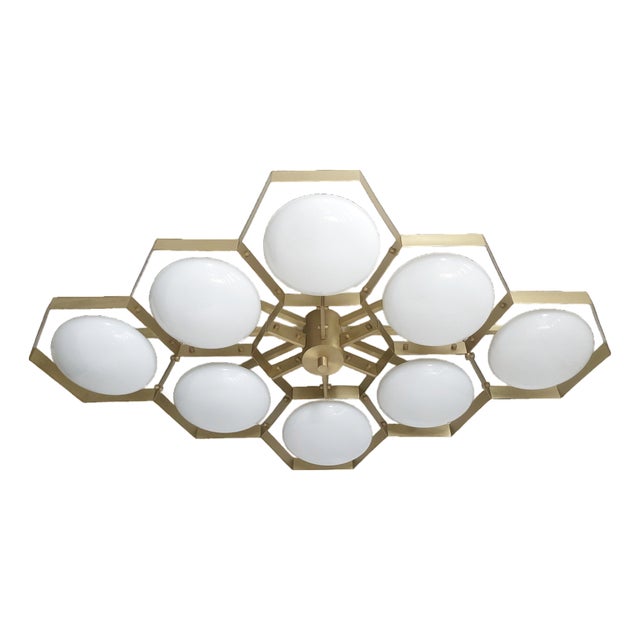 21st Century Hive Satin Brass Glossy White Murano Flush Mount by Fabio LTD For Sale