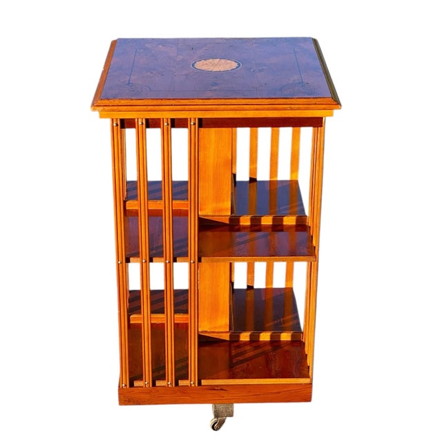 Victorian Antique 2 Tier Carpathian Elm Revolving Bookcase With Paterae Inlay For Sale - Image 3 of 12
