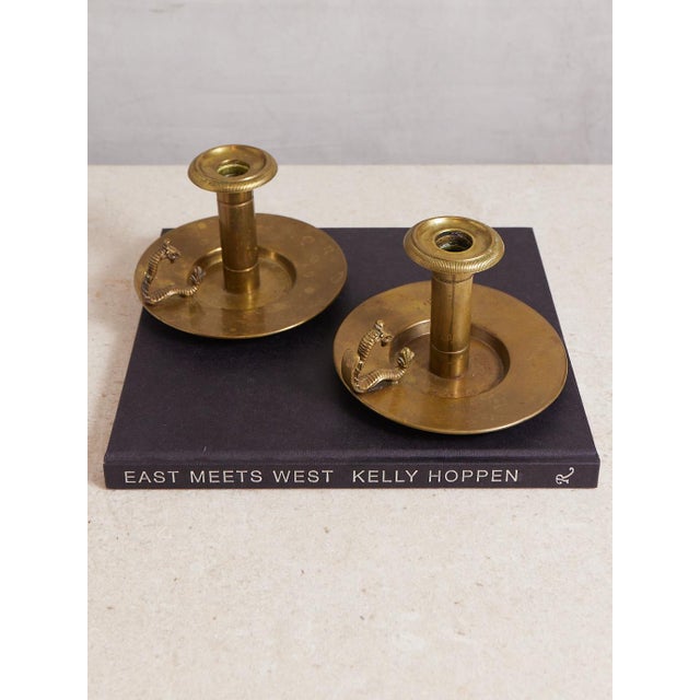 Brass Pair of Bradley and Hubbard Dragon Handle Chambersticks For Sale - Image 8 of 11