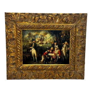 Antique Nautical 19th Century Oil Painting Sea Battle Lord Howe on Ship HMS Queen Charlotte Ship Framed