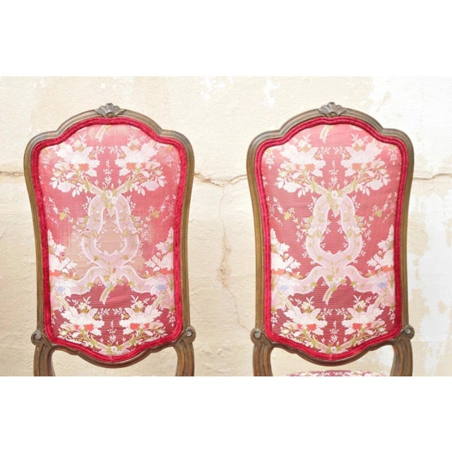 Red Vintage Italian Regency Style Carved Walnut Red Fabric Dining Chairs - Set of 6 For Sale - Image 8 of 12
