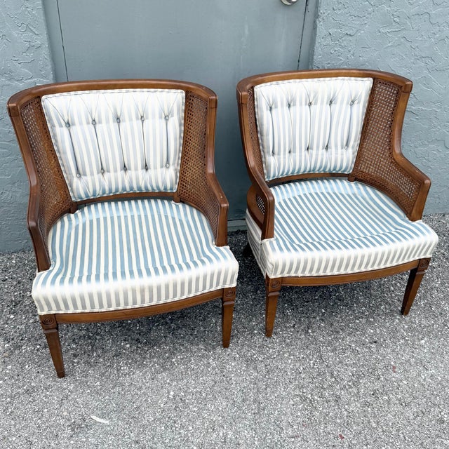 Vintage Hollywood Regency Cane Tufted Barrels Chairs - A Pair For Sale - Image 9 of 9