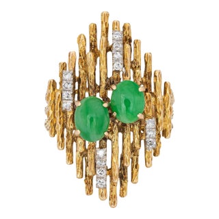 70s Abstract Jade Diamond Ring 14k Yellow Gold Cocktail Fine Jewellery Sz 5.5 For Sale