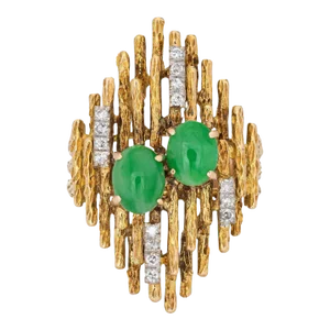 70s Abstract Jade Diamond Ring 14k Yellow Gold Cocktail Fine Jewellery Sz 5.5
