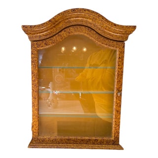 Vintage Italian Burlwood Finish Hanging Wall Curio Cabinet Glass Shelves Made in Italy For Sale