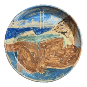 Vintage Expressionist Figurative ‘Alien on Bikini Beach’ Art Plate by Raymonde Desabres, Signed (C. 1968)