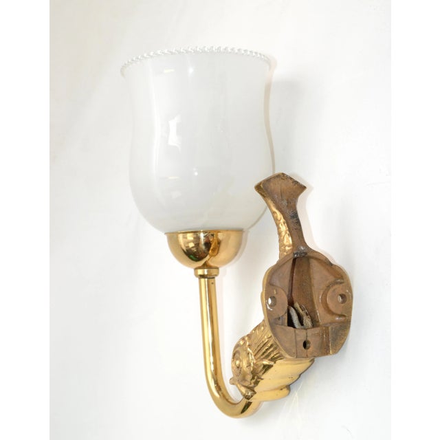 Maison Lancel Brass Dolphin Sconces Ruffled Opaline Glass Shade France 1950-Pair For Sale - Image 10 of 13
