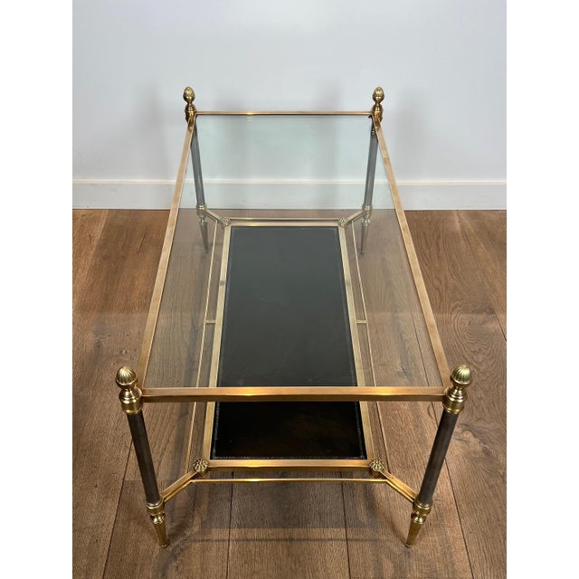 1940s Brass coffee table with black leather and glass shelves Attributed to Maison Jansen For Sale - Image 6 of 12