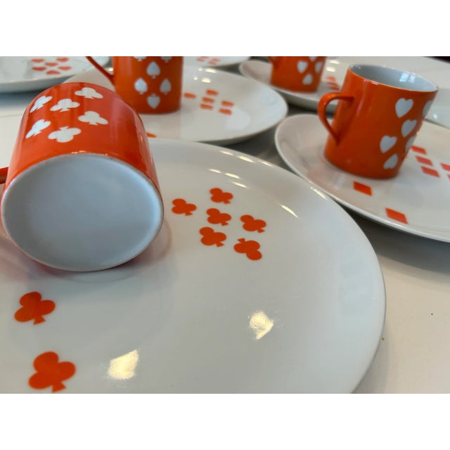 1950s Mid Century 1950s Orange & White “Playing Card” Snack Plates With Cups by Jonas Roberts- Set of 12 For Sale - Image 5 of 11
