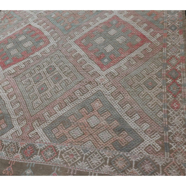 Baby Blue Vintage Turkish Embroidered Kilim Rug With Geometric Diamond Design 6'3 X 10'4 For Sale - Image 8 of 15