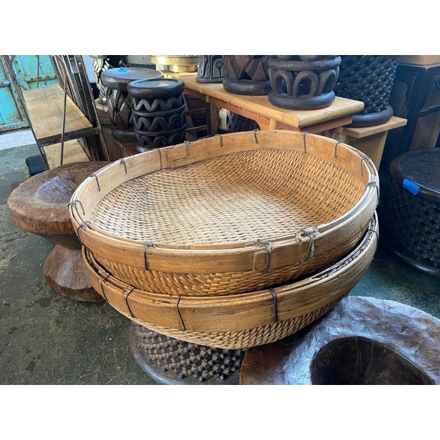 Tan Vintage Asian Coastal Jumbo Bamboo Grain Basket For Sale - Image 8 of 11