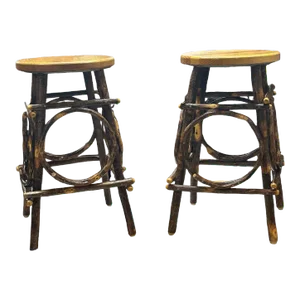 Amish Folk Art Bentwood Hickory and Oak Hand Crafted Swivel Stools -a Pair