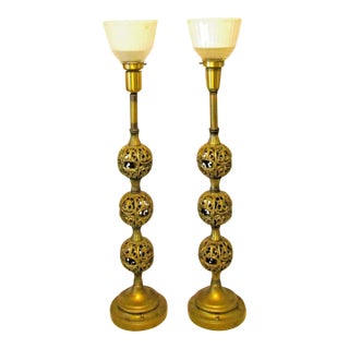 Vintage Pair Reticulated Three Ball Tall Buffet Table Lamps Milk Glass Shades Attributed to Stiffel For Sale