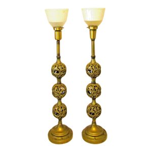 Vintage Pair Reticulated Three Ball Tall Buffet Table Lamps Milk Glass Shades Attributed to Stiffel