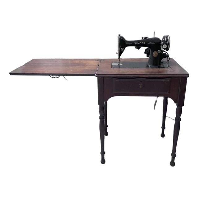 Vintage 1930s Singer Electric Sewing Machine in Original Wooden Cabinet With Extension Leaf For Sale