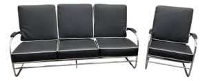 Mid 20th Century Art Deco Chrome Tubular Sofa & Lounge Chair Set Newly Reupholstered