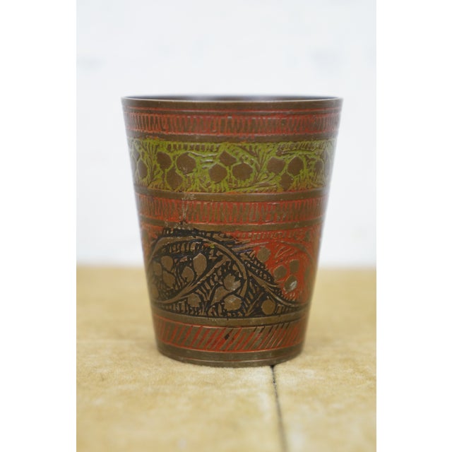 Mid 20th Century Indian Etched Brass Peacock Bird Bar Tray, Cups, Tophy Urn & Candlesticks Set- 10 Pieces For Sale - Image 6 of 14