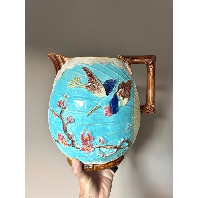 Antique Majolica Wardle & Co. Bird & Fan Large Pottery Pitcher For Sale - Image 16 of 16