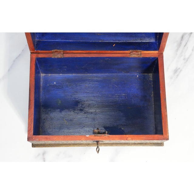 Striking Hand Painted Antique Domed Wood Casket Box With Key Madonna and Child Religious Scene For Sale - Image 11 of 18