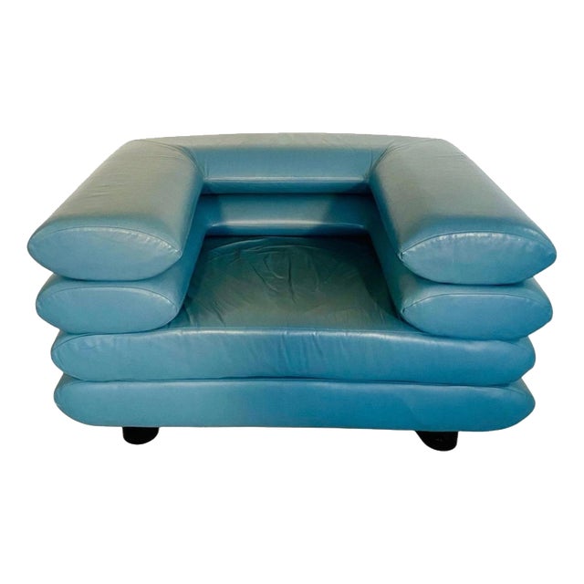 Vintage Postmodern Swedish Turquoise Leather Stacked Lounge Chair, 1980 For Sale