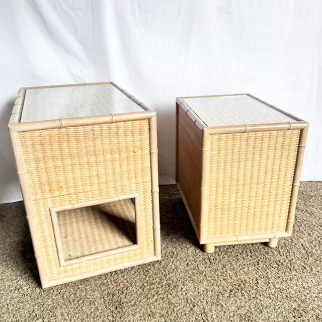 Boho Chic Coastal Faux Bamboo Wicker Glass Top Table on Casters and Nightstand- Set of 2 For Sale In Miami - Image 6 of 11