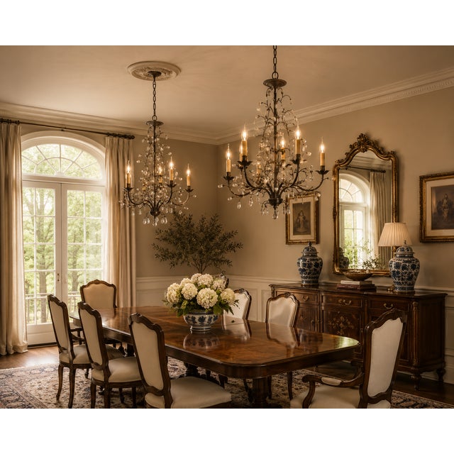 Romantic and sculptural, this pair of wrought iron chandeliers features hand-forged branches adorned with faceted crystal...