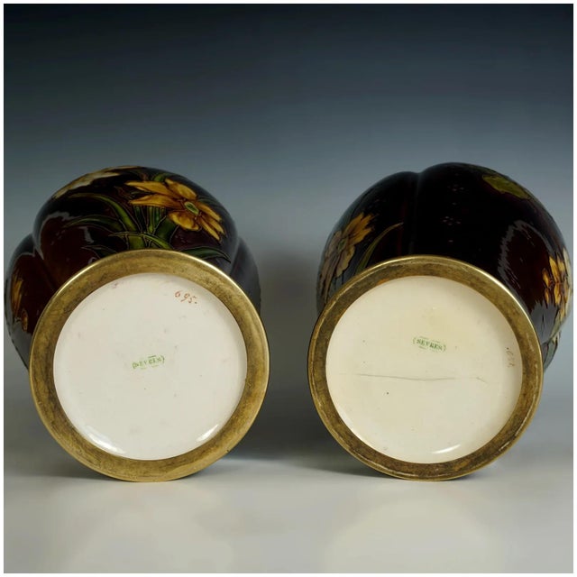 Pair of Large Antique French Sevres Optat Milet Ceramic Vases Art Nouveau Flowers Purple Ground For Sale - Image 12 of 12