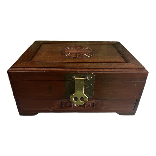 Vintage Asian Style Wooden Green Velvet Lined Jewelry Box With Latch For Sale
