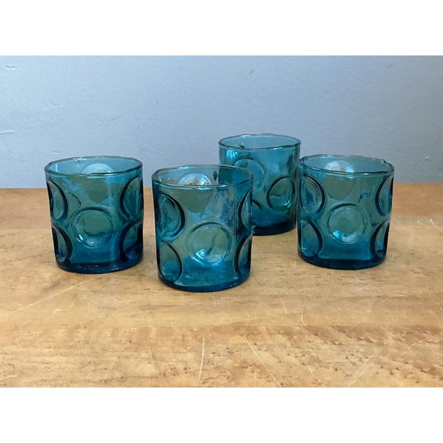 Mid-Century Modern Vintage Blue Embossed Glass Shot Glasses - Set of 4 For Sale - Image 3 of 12
