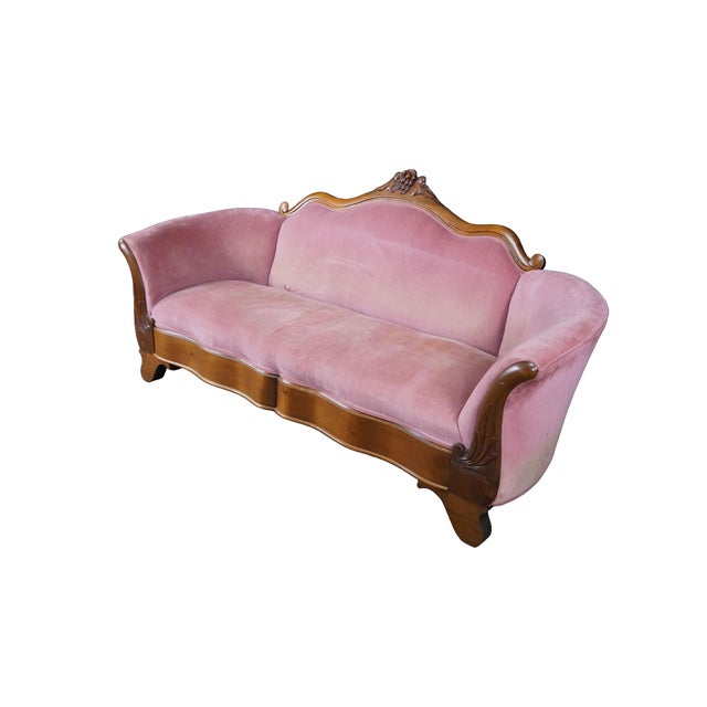 Victorian Antique Victorian American Empire Serpentine Walnut Pink Camelback Sofa Loveseat For Sale - Image 3 of 15
