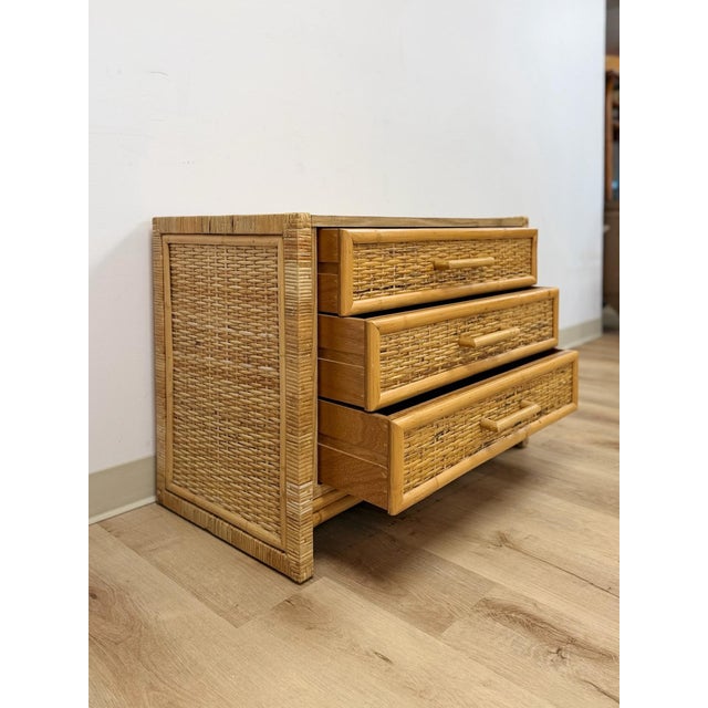 Vintage Chest Coastal Wicker Rattan Three Drawer Boho Hollywood Regency Dresser For Sale - Image 12 of 13