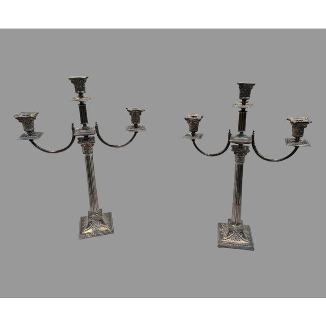 Antique Silverplate Candelabra Pair 3 Light Corinthian Column 22” Tall Ornate For Sale - Image 10 of 10
