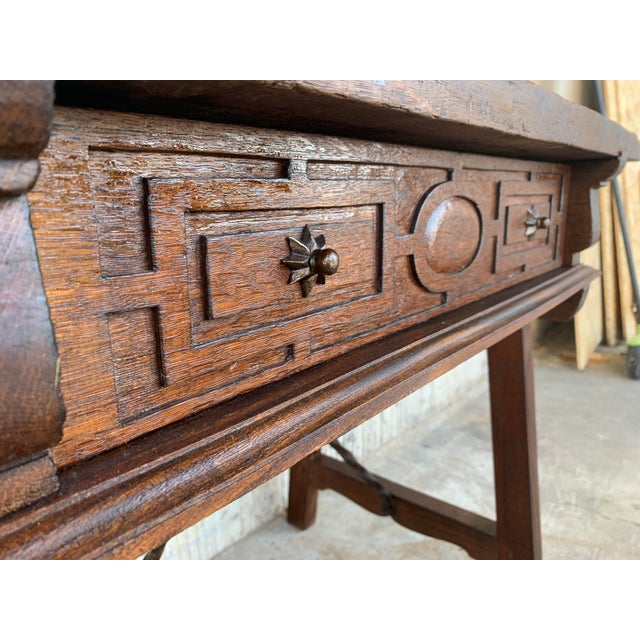 Spanish 1880s Walnut Side Table or Lady Desk, Carved Legs and Iron Stretcher For Sale - Image 12 of 13