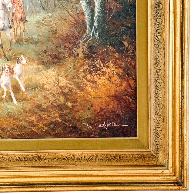 Wood Vintage Large Scale English School Equestrian Fox Hunt Oil Painting in Giltwood Frame, Signed For Sale - Image 7 of 10