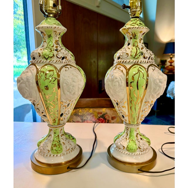 Capodimonte Vintage Capodimonte Italian Porcelain Table Lamps Mid Century 1960s Model 301 Hollywood Regency Relief Urn - a Pair For Sale - Image 4 of 11